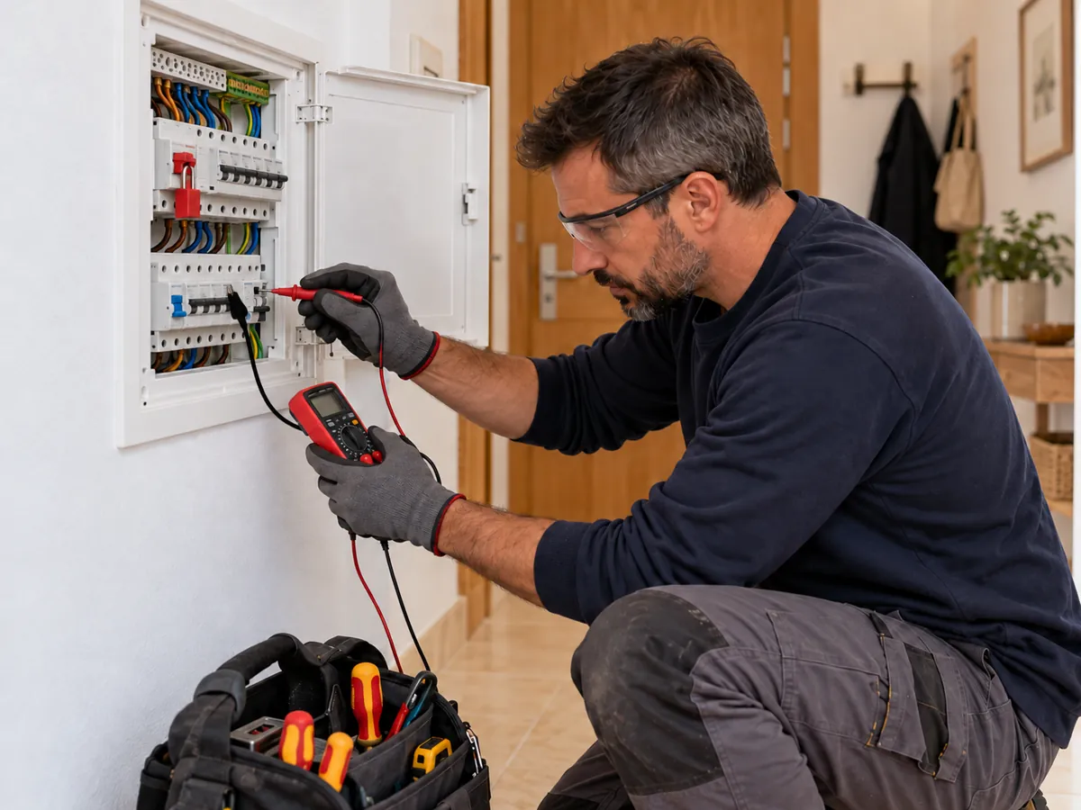 Technician testing an electrical panel, synthetic image