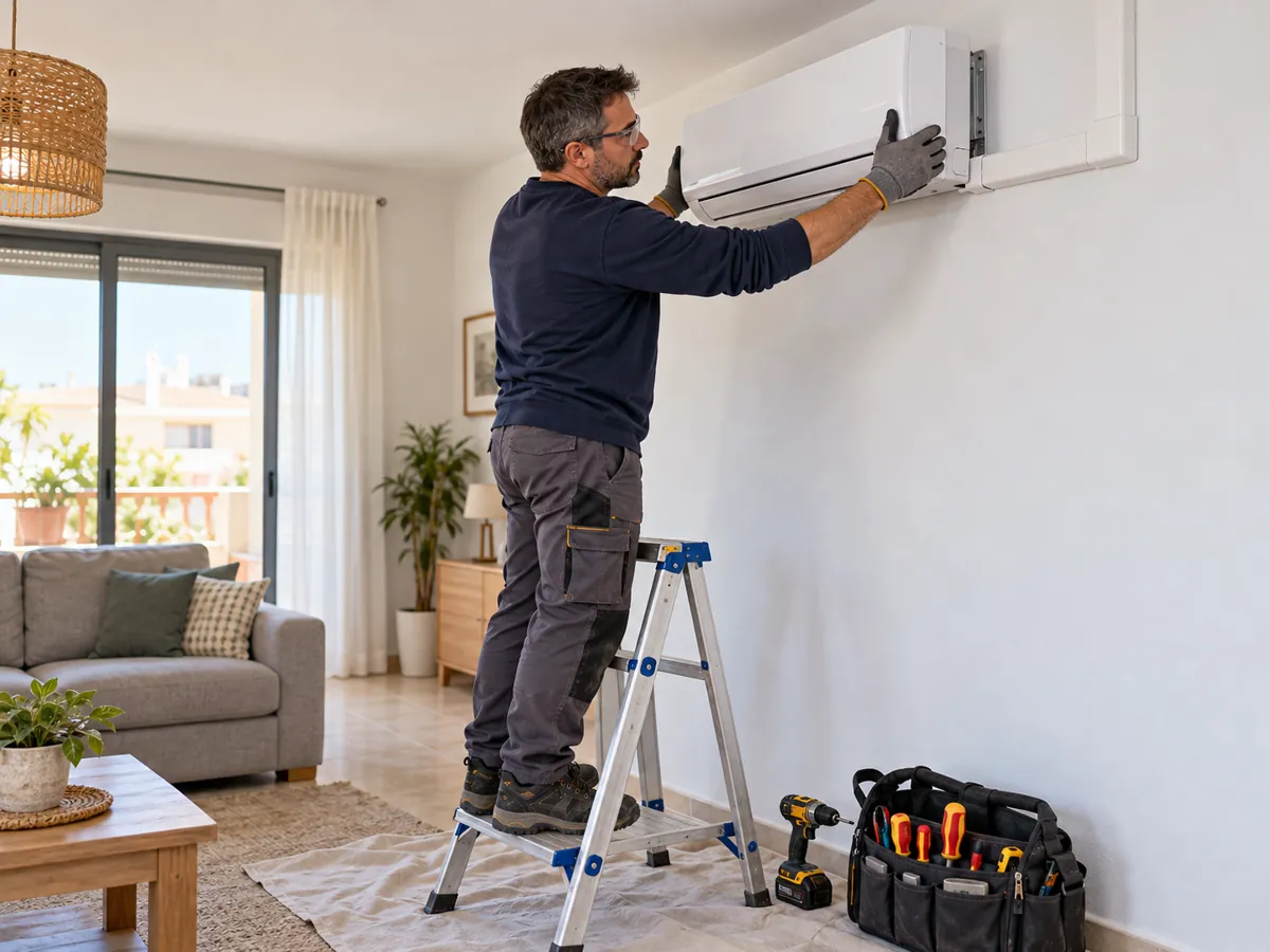 Technician installing an indoor air conditioning unit, synthetic image