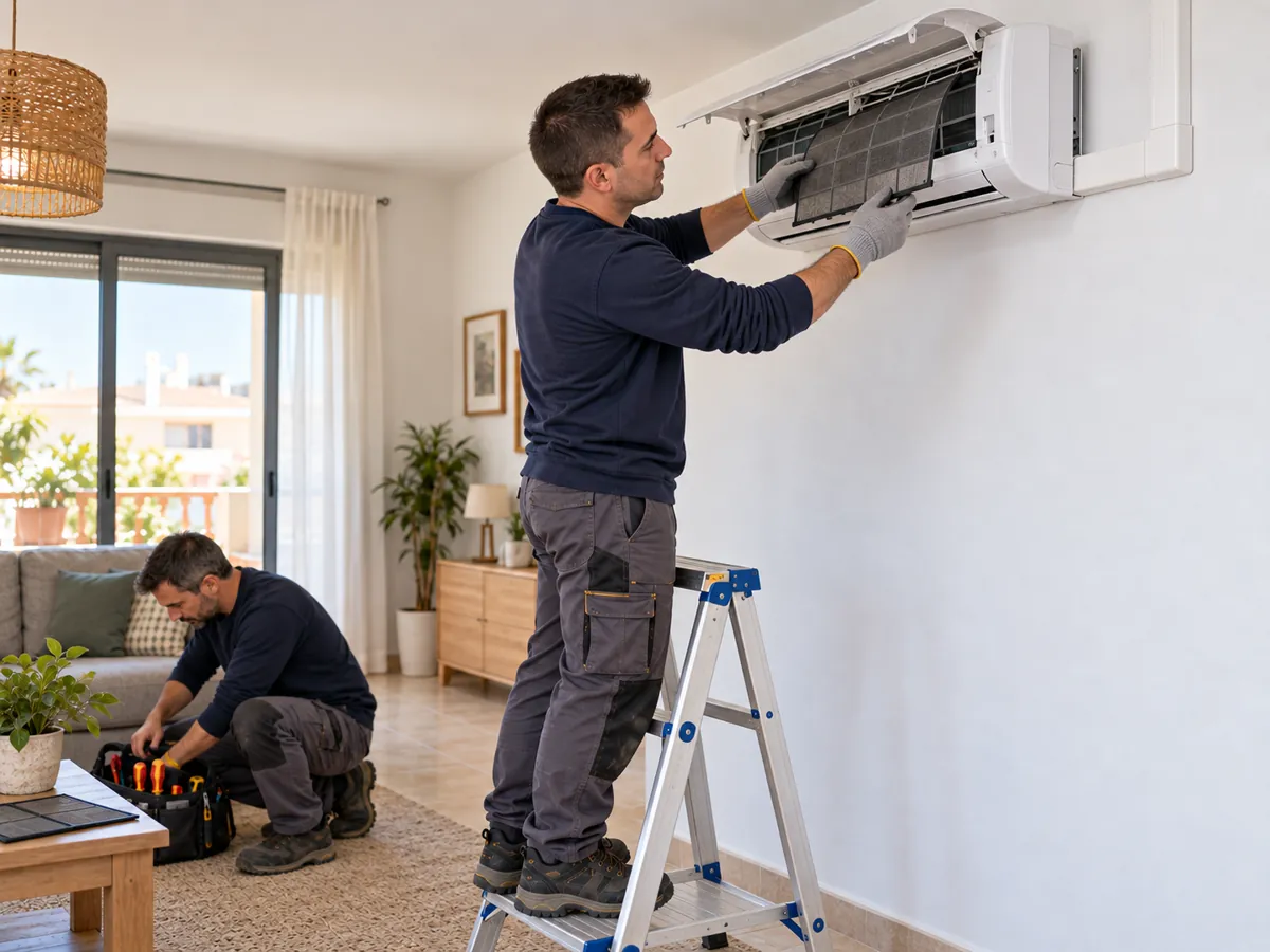 Two technicians checking household equipment, synthetic image